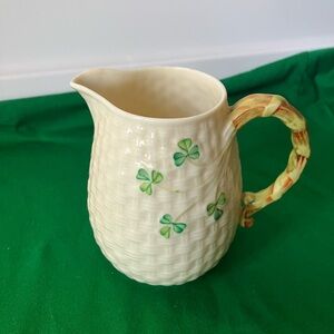 Belleek Ireland Cream Porcelain Basket Weave Shamrock Small Pitcher 16 oz